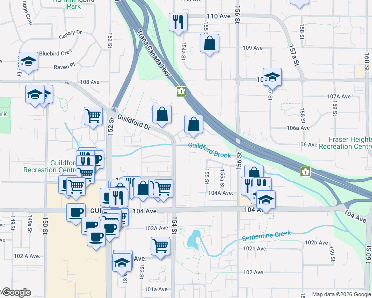 map of restaurants, bars, coffee shops, grocery stores, and more near 10595 154A Street in Surrey