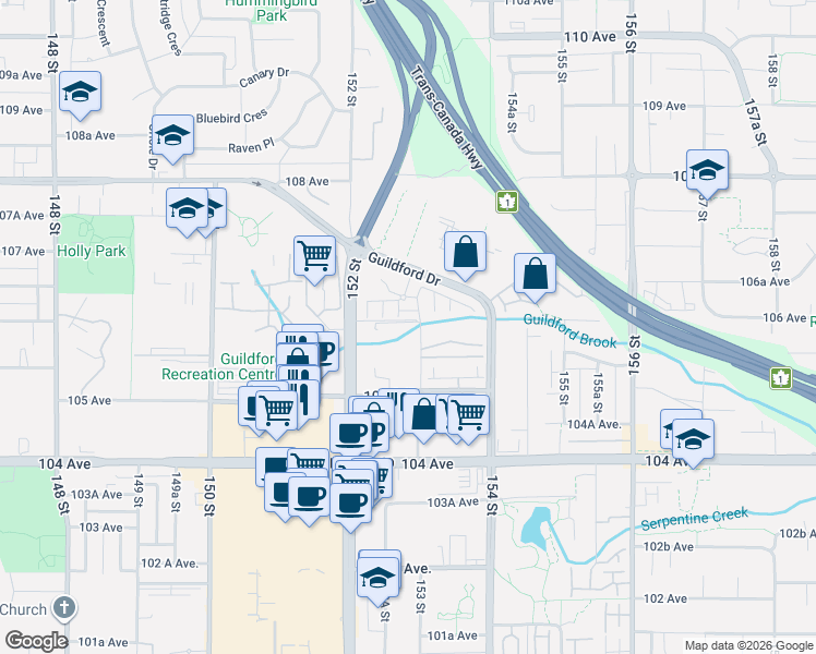 map of restaurants, bars, coffee shops, grocery stores, and more near 10555 153 Street in Surrey