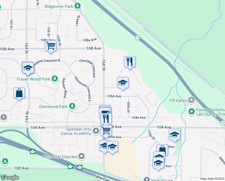 map of restaurants, bars, coffee shops, grocery stores, and more near 16838 106 Avenue in Surrey