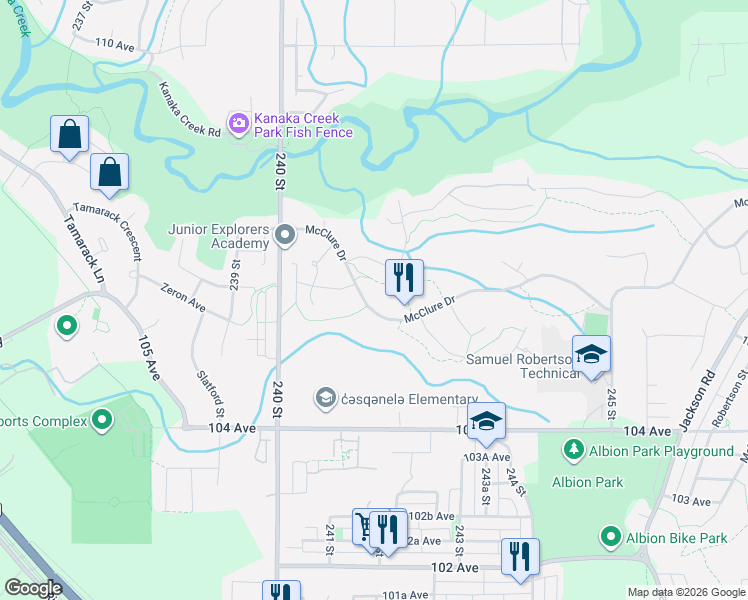 map of restaurants, bars, coffee shops, grocery stores, and more near 24129 McClure Drive in Maple Ridge