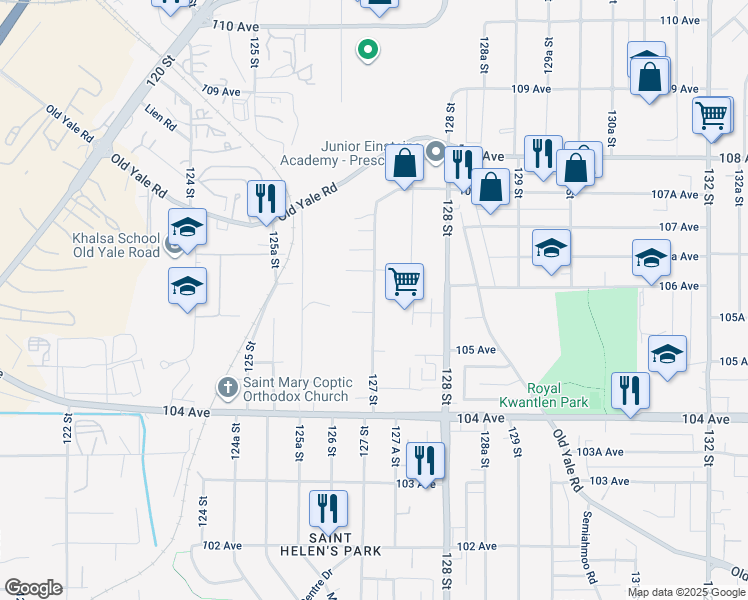 map of restaurants, bars, coffee shops, grocery stores, and more near 10578 127 Street in Surrey