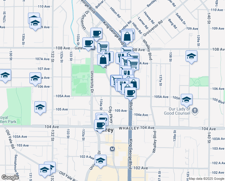 map of restaurants, bars, coffee shops, grocery stores, and more near 13508 106 Avenue in Surrey