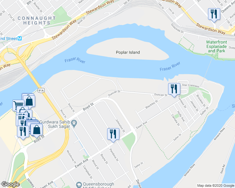 map of restaurants, bars, coffee shops, grocery stores, and more near 415 Duncan Street in New Westminster