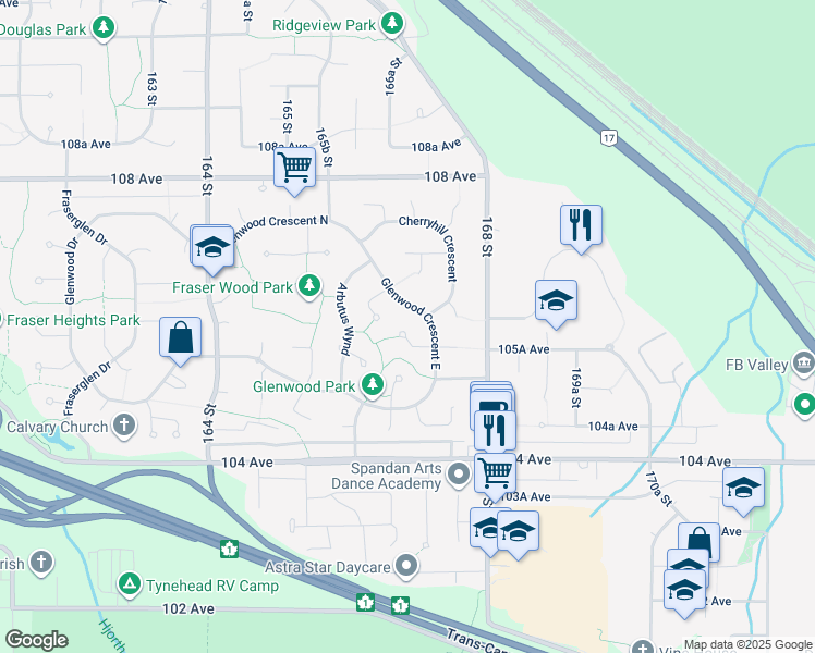 map of restaurants, bars, coffee shops, grocery stores, and more near 16675 Mapletree Close in Surrey