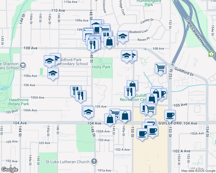 map of restaurants, bars, coffee shops, grocery stores, and more near 10590 Holly Park Lane in Surrey