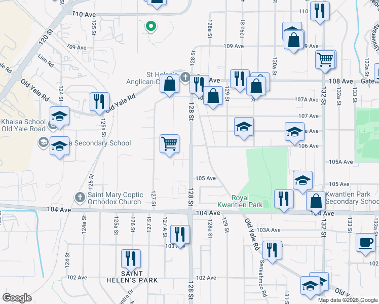 map of restaurants, bars, coffee shops, grocery stores, and more near 10585 128 Street in Surrey