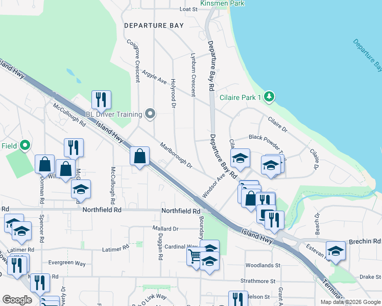map of restaurants, bars, coffee shops, grocery stores, and more near 2411 Lynburn Crescent in Nanaimo