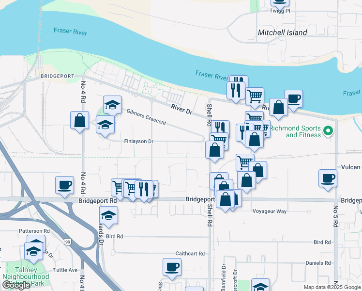 map of restaurants, bars, coffee shops, grocery stores, and more near 10760 Finlayson Drive in Richmond
