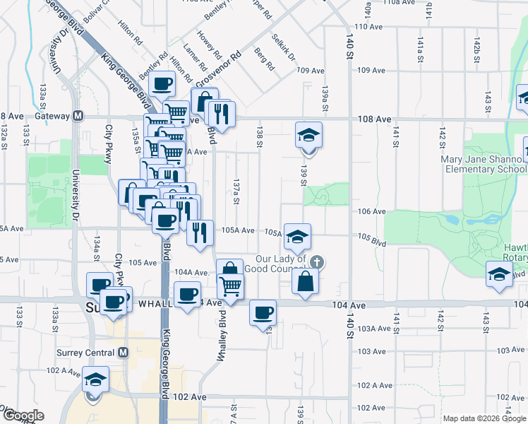 map of restaurants, bars, coffee shops, grocery stores, and more near 10594 138 Street in Surrey