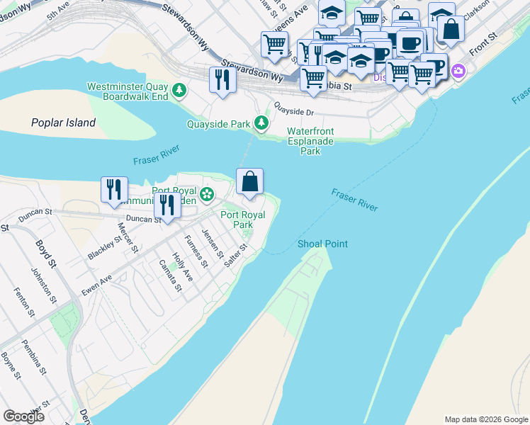 map of restaurants, bars, coffee shops, grocery stores, and more near 210 Salter Street in New Westminster