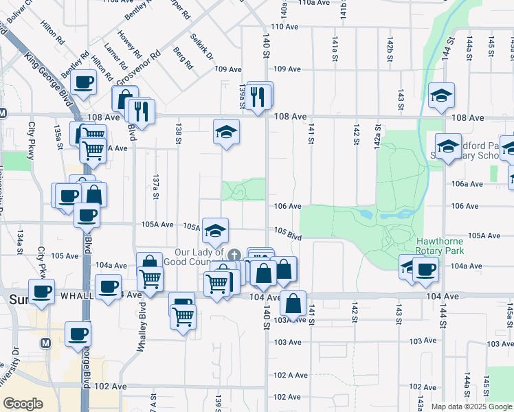 map of restaurants, bars, coffee shops, grocery stores, and more near 10603 140 Street in Surrey
