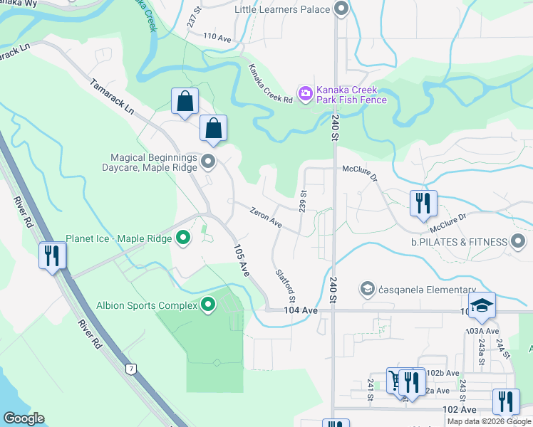 map of restaurants, bars, coffee shops, grocery stores, and more near 23849 Zeron Avenue in Maple Ridge