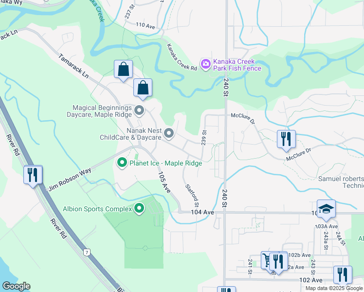 map of restaurants, bars, coffee shops, grocery stores, and more near 23828 106 Avenue in Maple Ridge