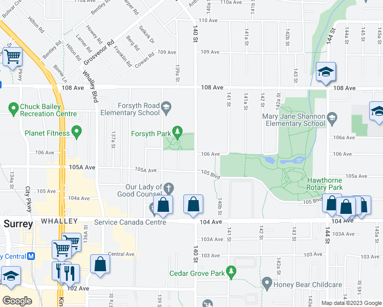 map of restaurants, bars, coffee shops, grocery stores, and more near 10603 140 Street in Surrey