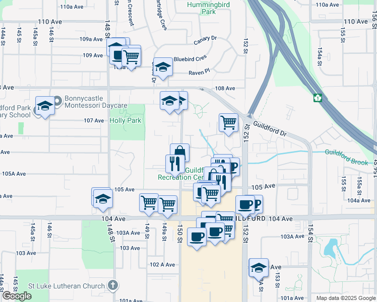 map of restaurants, bars, coffee shops, grocery stores, and more near 10620 150 Street in Surrey