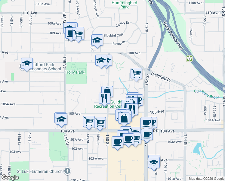 map of restaurants, bars, coffee shops, grocery stores, and more near 10620 150 Street in Surrey
