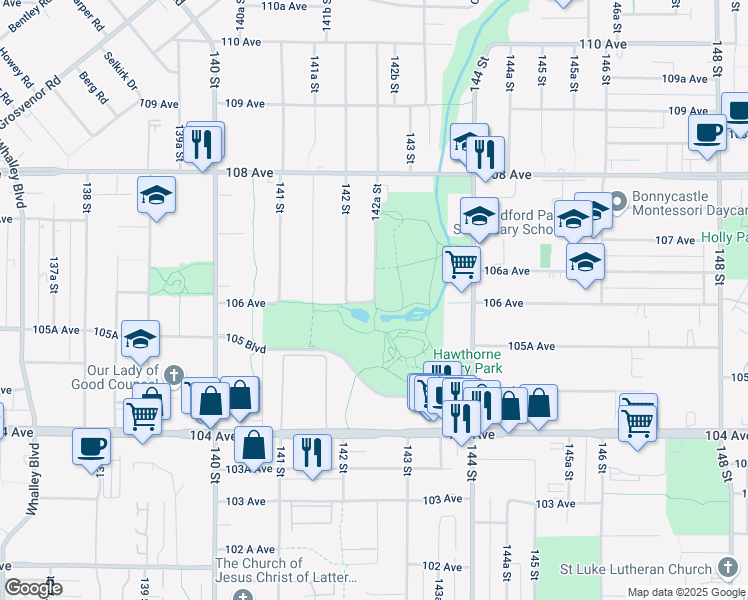 map of restaurants, bars, coffee shops, grocery stores, and more near 10615 142A Street in Surrey