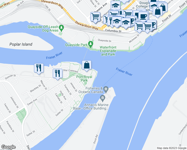 map of restaurants, bars, coffee shops, grocery stores, and more near 210 Salter Street in New Westminster