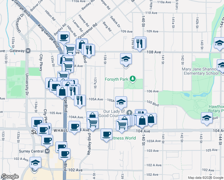 map of restaurants, bars, coffee shops, grocery stores, and more near 10605 138A Street in Surrey
