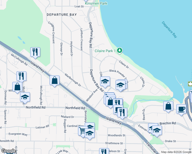 map of restaurants, bars, coffee shops, grocery stores, and more near 2350 Departure Bay Road in Nanaimo