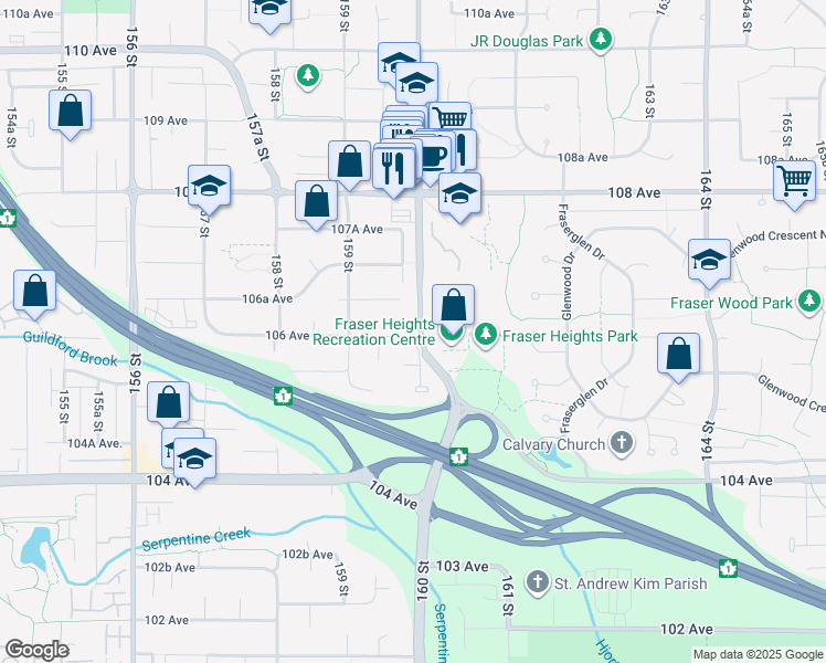 map of restaurants, bars, coffee shops, grocery stores, and more near in Surrey
