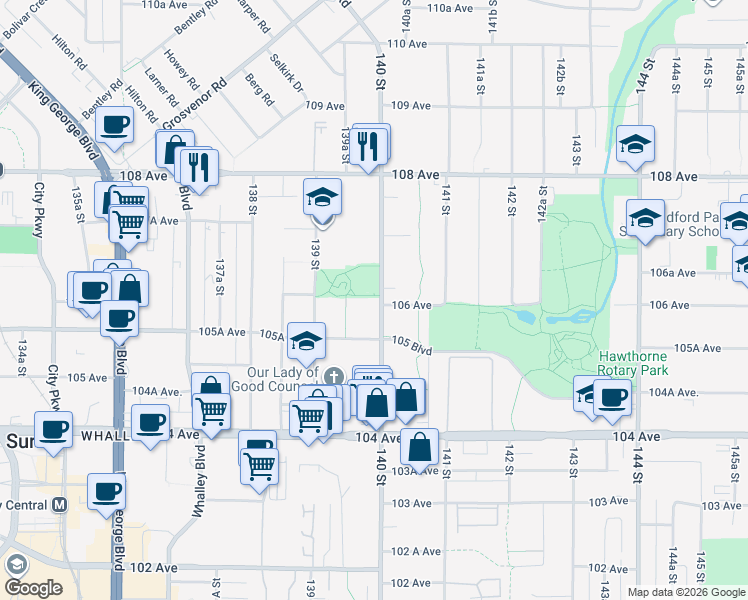 map of restaurants, bars, coffee shops, grocery stores, and more near 10603 140 Street in Surrey