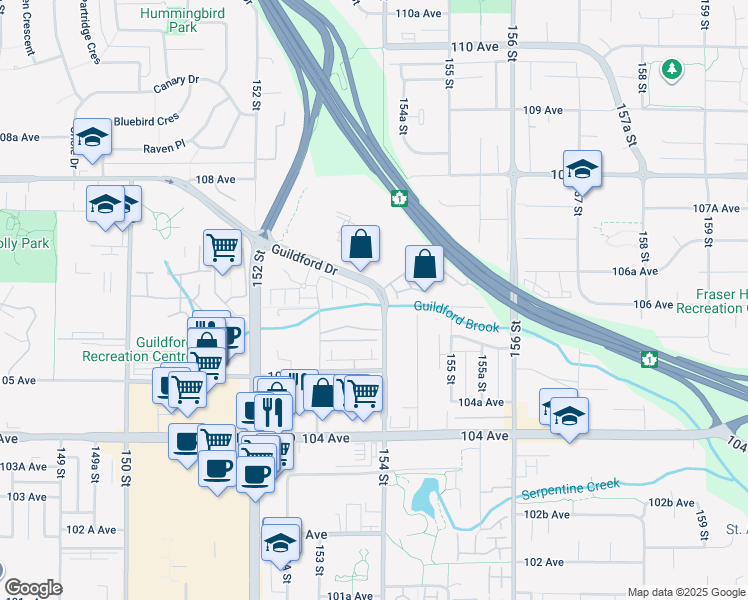 map of restaurants, bars, coffee shops, grocery stores, and more near 15340 Guildford Drive in Surrey