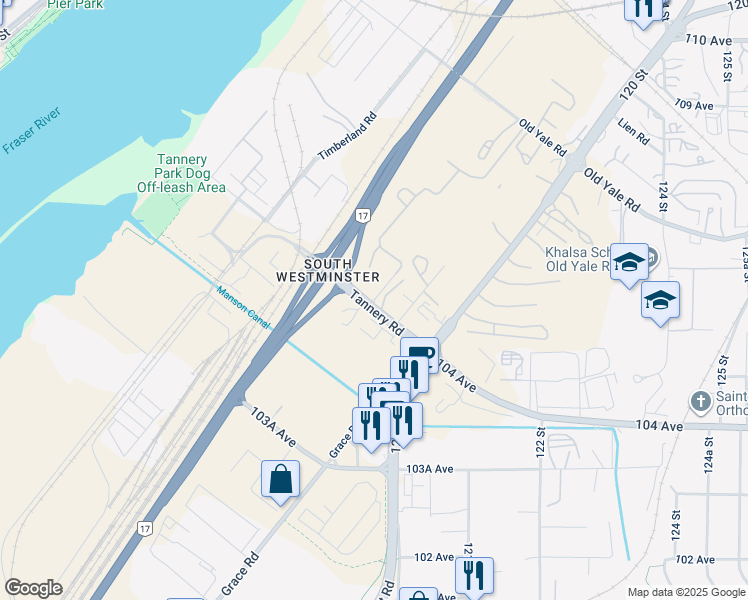 map of restaurants, bars, coffee shops, grocery stores, and more near Fir Road in Surrey