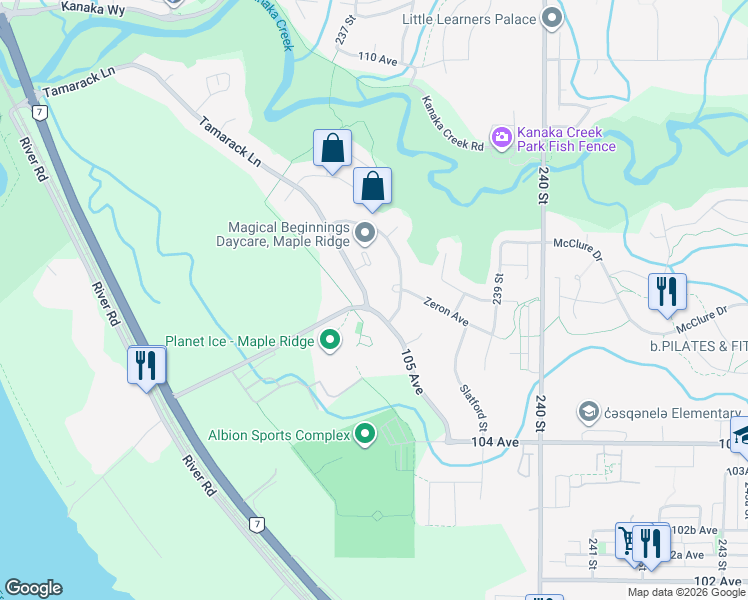 map of restaurants, bars, coffee shops, grocery stores, and more near 23706 Tamarack Lane in Maple Ridge