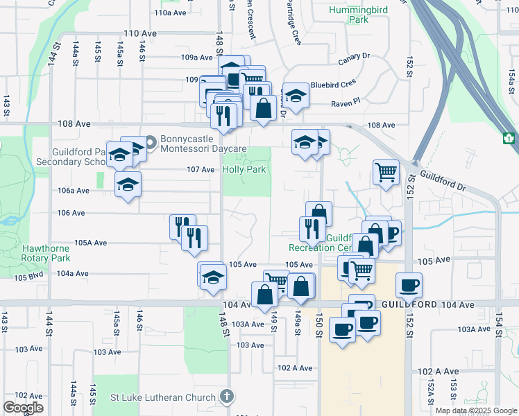 map of restaurants, bars, coffee shops, grocery stores, and more near 10600 Holly Park Lane in Surrey