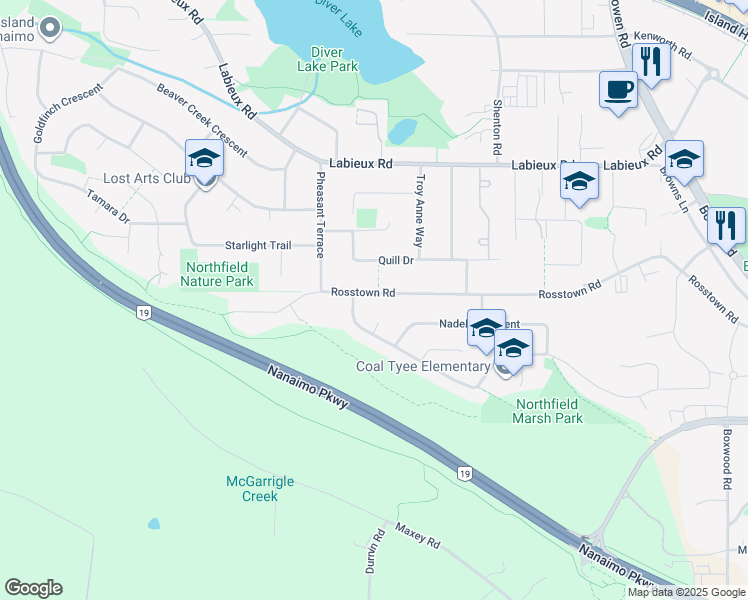 map of restaurants, bars, coffee shops, grocery stores, and more near 2563 Rosstown Road in Nanaimo