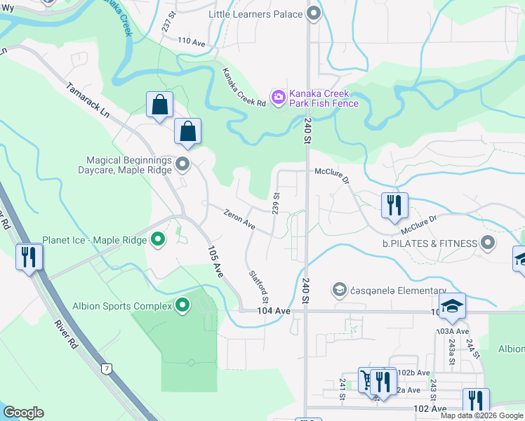 map of restaurants, bars, coffee shops, grocery stores, and more near 106 Avenue in Maple Ridge