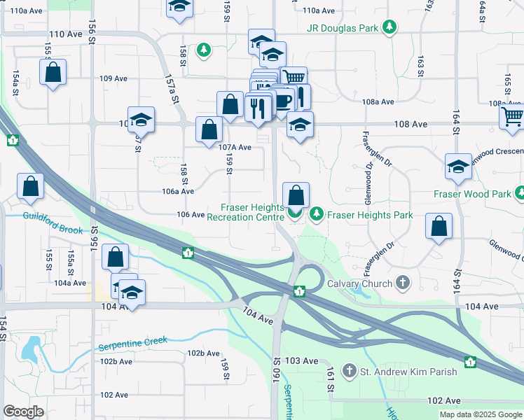map of restaurants, bars, coffee shops, grocery stores, and more near 15969 106 Avenue in Surrey