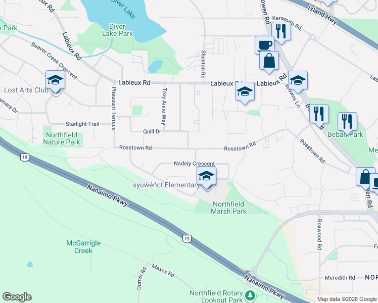 map of restaurants, bars, coffee shops, grocery stores, and more near 2503 Rosstown Road in Nanaimo