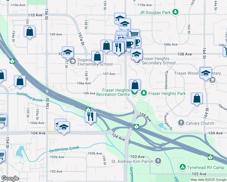 map of restaurants, bars, coffee shops, grocery stores, and more near 15939 106 Avenue in Surrey