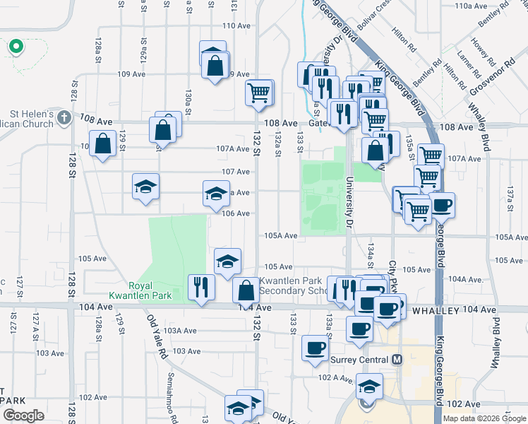 map of restaurants, bars, coffee shops, grocery stores, and more near 10616 132 Street in Surrey