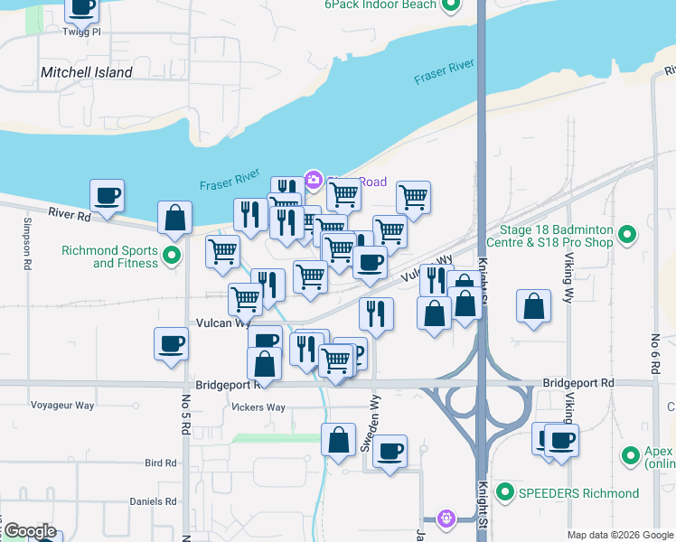 map of restaurants, bars, coffee shops, grocery stores, and more near 2551 Vauxhall Place in Richmond