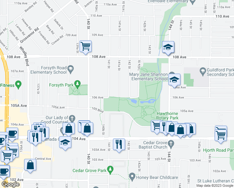 map of restaurants, bars, coffee shops, grocery stores, and more near 10615 141A Street in Surrey
