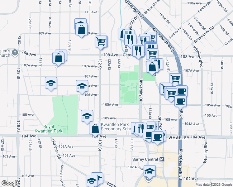 map of restaurants, bars, coffee shops, grocery stores, and more near 10623 133 Street in Surrey