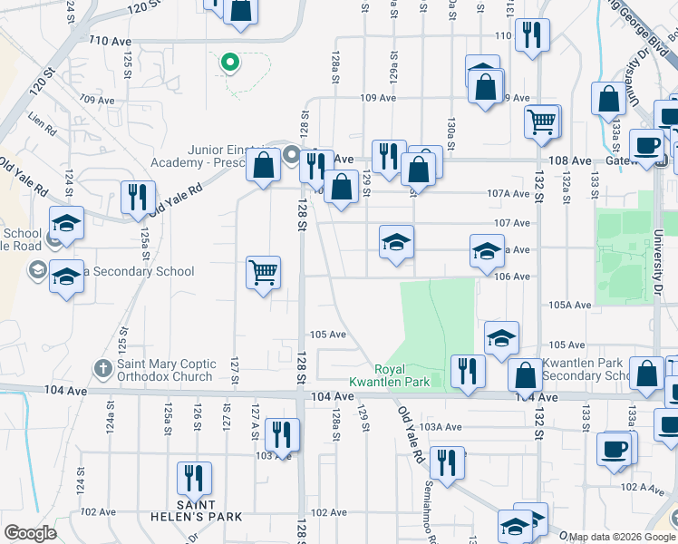 map of restaurants, bars, coffee shops, grocery stores, and more near 12847 106 Avenue in Surrey