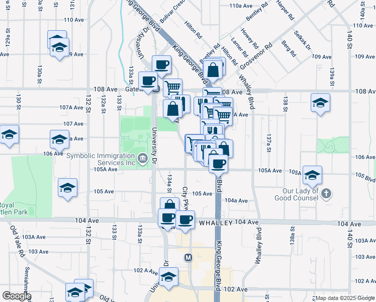 map of restaurants, bars, coffee shops, grocery stores, and more near 10626 City Parkway in Surrey