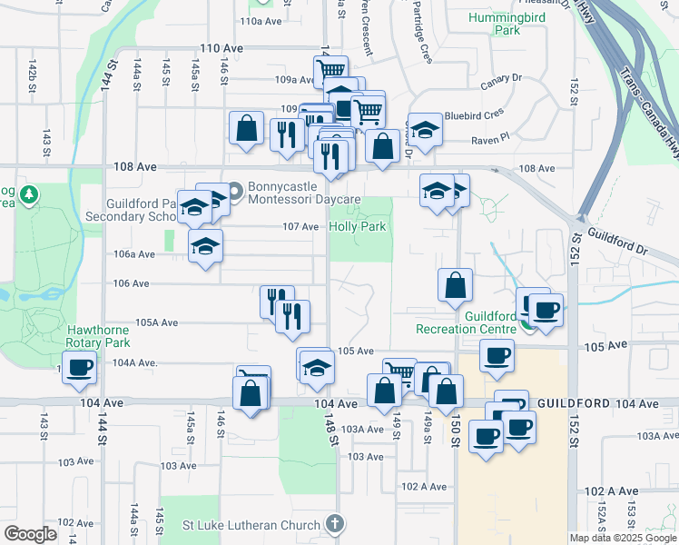 map of restaurants, bars, coffee shops, grocery stores, and more near in Surrey