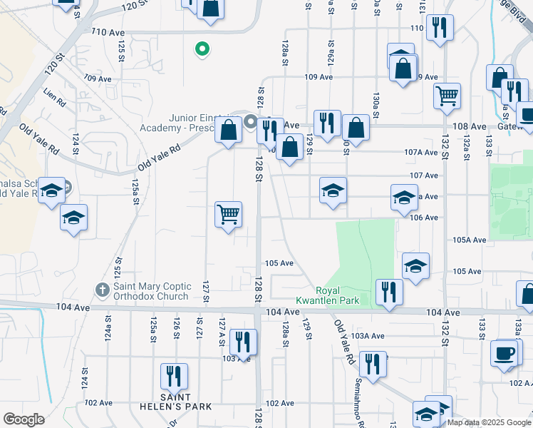 map of restaurants, bars, coffee shops, grocery stores, and more near 12693 106 Avenue in Surrey