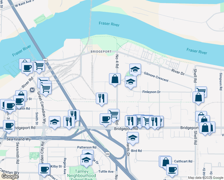 map of restaurants, bars, coffee shops, grocery stores, and more near 2211 Number 4 Road in Richmond