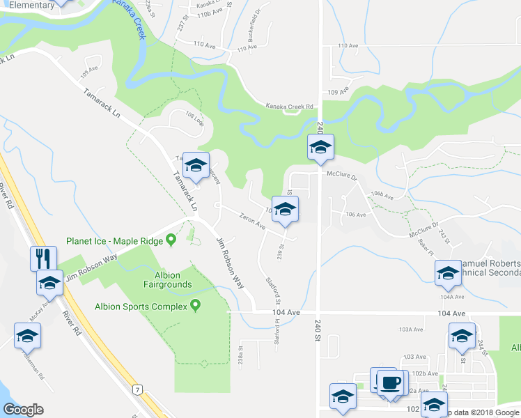 map of restaurants, bars, coffee shops, grocery stores, and more near 23828 106 Avenue in Maple Ridge