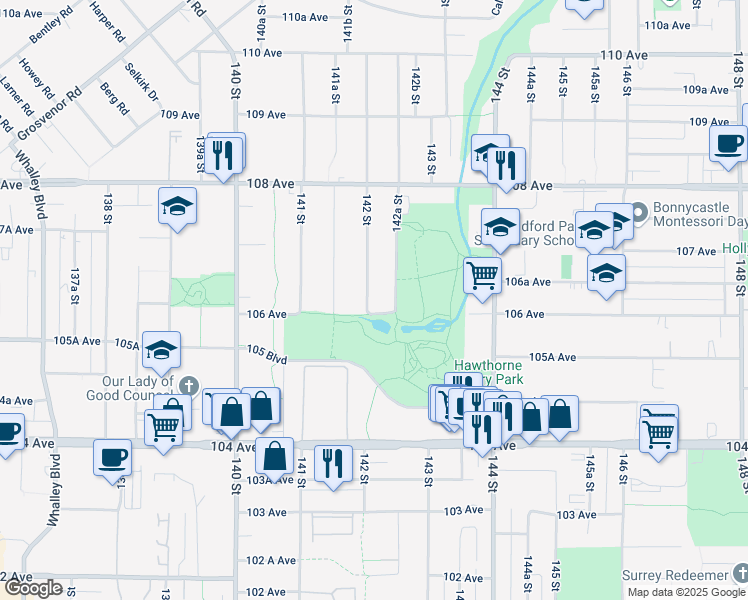 map of restaurants, bars, coffee shops, grocery stores, and more near 10615 142A Street in Surrey