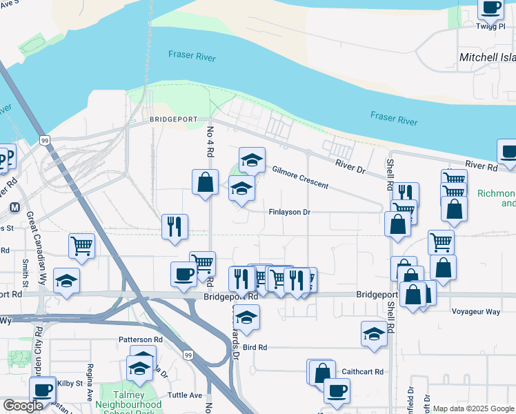 map of restaurants, bars, coffee shops, grocery stores, and more near 10131 Finlayson Drive in Richmond