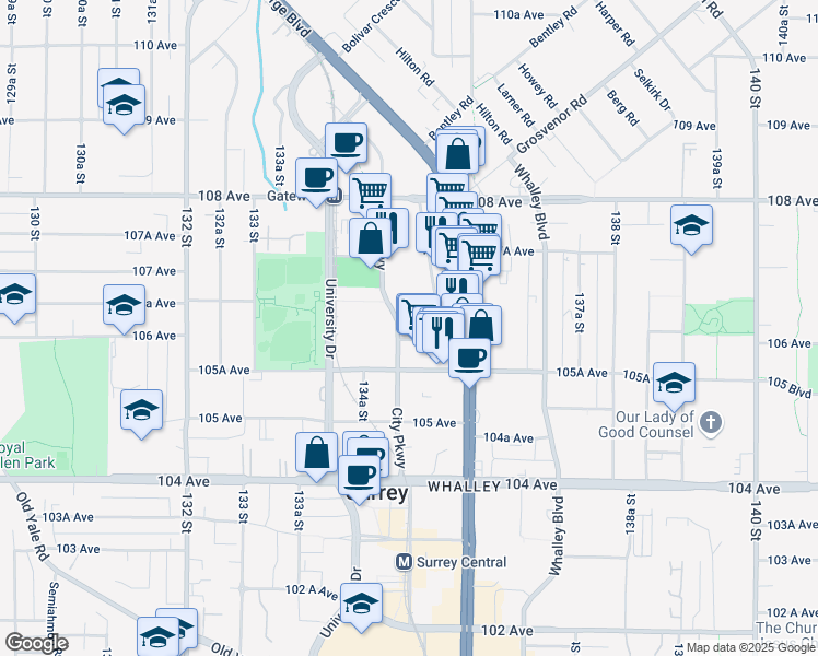 map of restaurants, bars, coffee shops, grocery stores, and more near in Surrey
