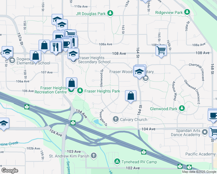 map of restaurants, bars, coffee shops, grocery stores, and more near 16202 Southglen Place in Surrey
