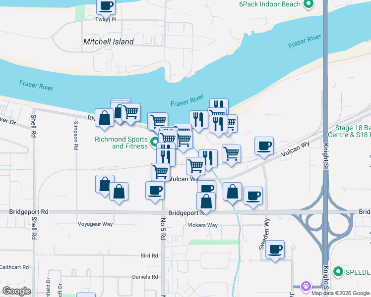 map of restaurants, bars, coffee shops, grocery stores, and more near 2268 Number 5 Road in Richmond